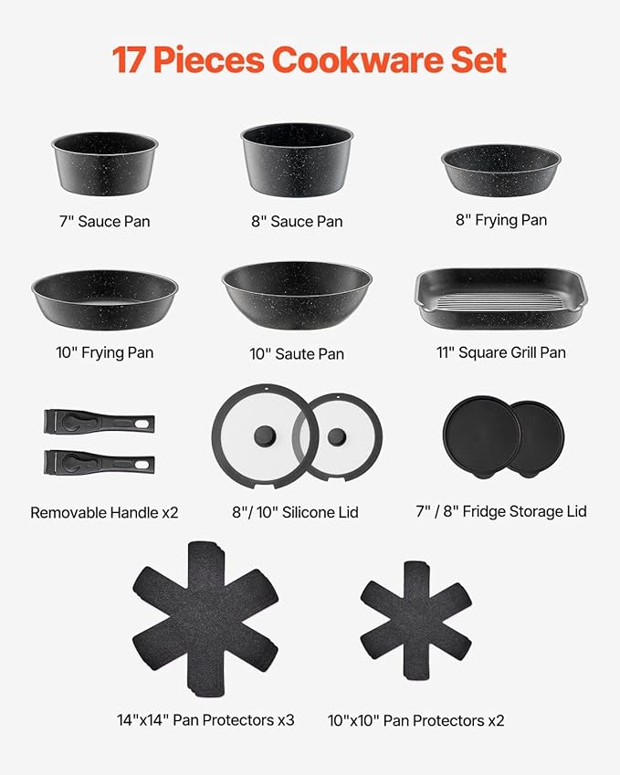 17 Piece Pots and Pans Set Granite Nonstick Kitchen Cookware Induction Black