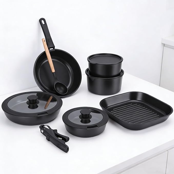 Diydeg Kitchen Cookware Set Pots and Pans Set Aluminum Nonstick Induction Cookware with Detachable Handle for Kitchen Cooking Dishwasher Safe