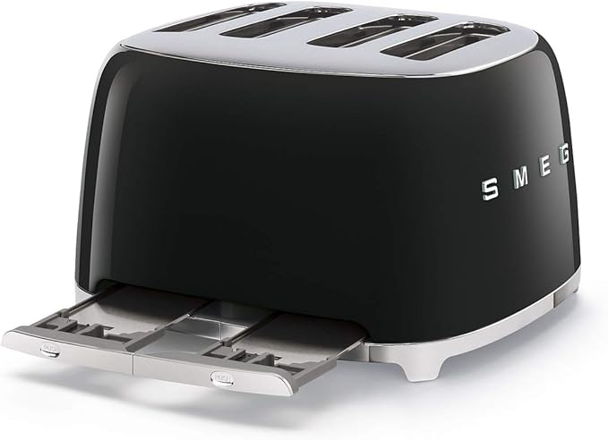 Smeg 50s Retro 4-Slot Toaster TSF03BLUS Bundle with Bamboo Tongs - Black
