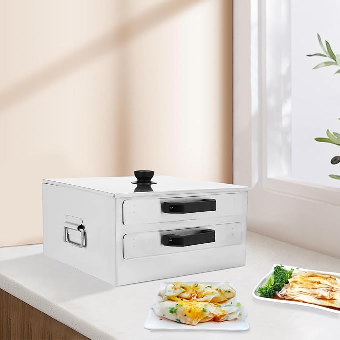 2 Layer Rice Noodle Rolls Machine Top Open Chinese Rice Noodle Roll Food Steamer with Extra Tray Guangdong Changfen Cantonese Cuisine Household Cookware (2 Layer)