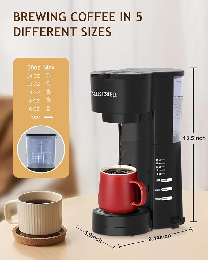 3IN1 Single Serve Coffee Maker with Milk Frother Small Coffee Machine for K Cup &amp Ground 6-14oz Brew Size 28oz Water Tank Adjustable Drip Tray