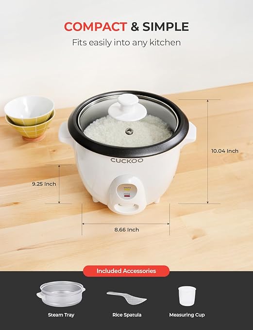 CUCKOO One Touch Rice Cooker 3-Cup (Uncooked) / 6-Cup (Cooked) Mini Rice Cooker &amp Warmer with Steamer Tray Versatile Grain Cooker Soup Maker Auto Keep Warm White (CR-0301C)
