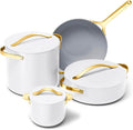 Caraway Cookware+ Collection - Specialty Cookware Set - Petite Cooker Stir Fry Pan Rondeau &amp Stock Pot - 3 Lids &amp Storage Organizer Included - White