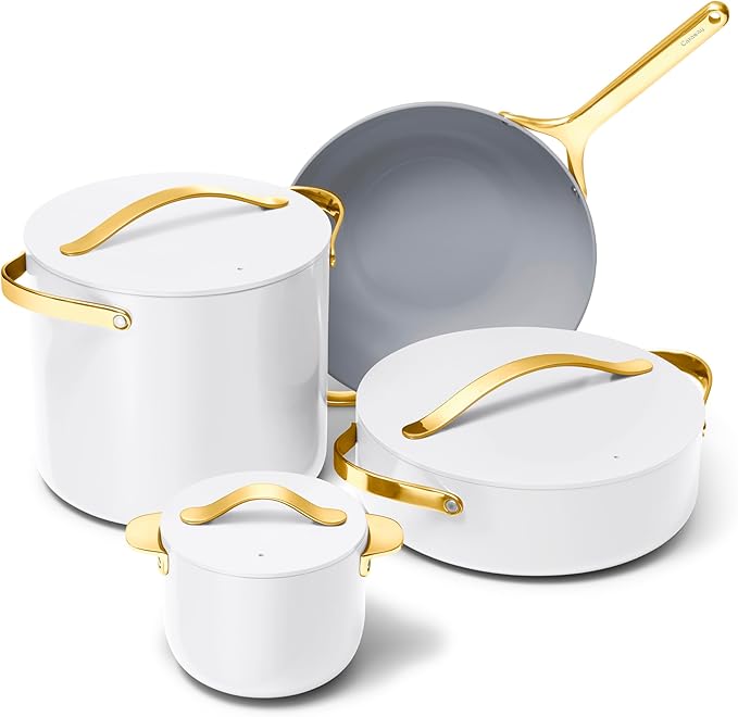 Caraway Cookware+ Collection - Specialty Cookware Set - Petite Cooker Stir Fry Pan Rondeau &amp Stock Pot - 3 Lids &amp Storage Organizer Included - White