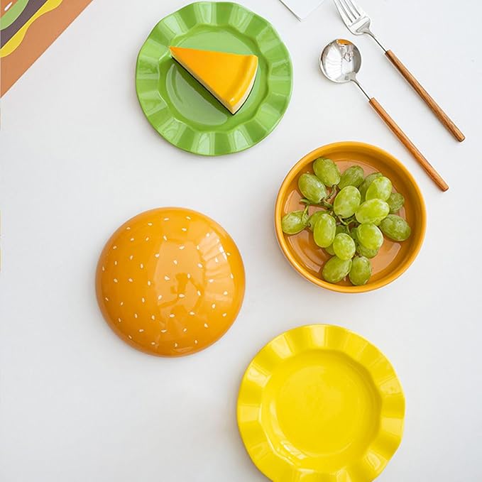 Hamburger Plate Set Ceramic Hamburger Plates And Bowls Sets 5-Piece Novelty Stackable Burger Dinnerware Set Cute Hamburg Style Dessert Plates Dishwasher Safety (Large-6.5x6.5x5.31 in)