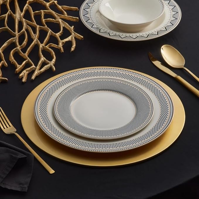 Karaca Globe 24-Piece Dinnerware Set for 6 People - Kitchen Dish Set for Salad Soup Pasta Noodle &amp More - Modern Chic Porcelain Dishware Plate Set (White with Black Triangle Design)