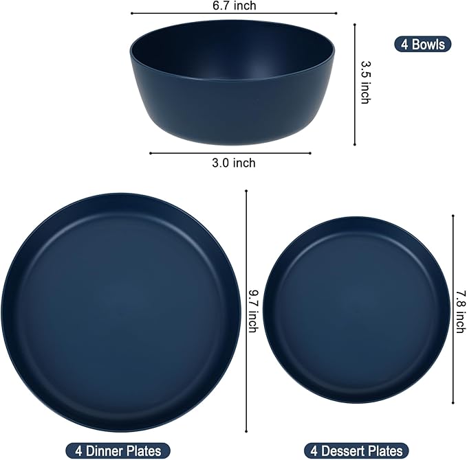 EI 12pcs Dark Blue Wheat Straw Dinnerware SetWheat Straw PlatesPlastic Plates ReusablePlate and Bowls SetsUnbreakable Plastic Plate for Dinner CampingPicnic