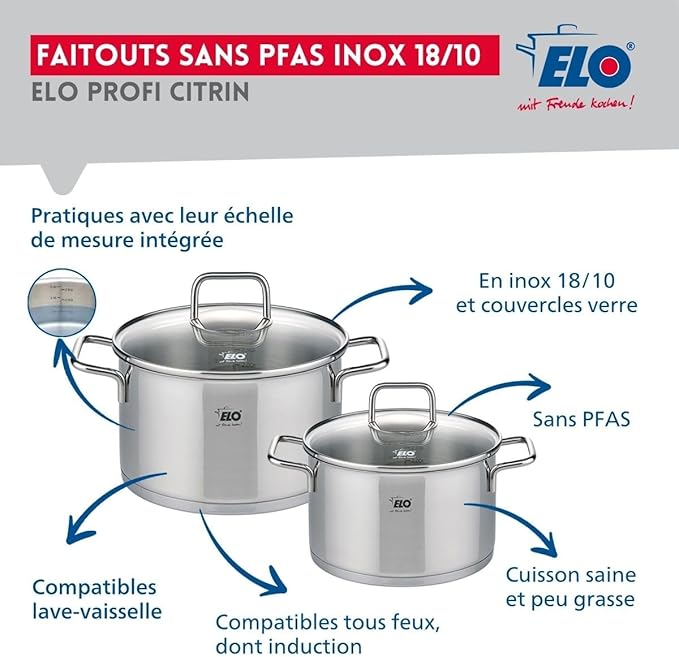 ELO 9508250 Cookware Set 4 Pieces 2 Frying Pans 28 and 32 cm and 2 Saucepans 12 and 14 cm Elo Profi Citrine Stainless Steel Induction