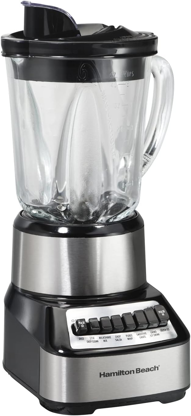 Hamilton Beach Electric Stand Mixer 4 Quarts Dough Hook Flat Beater Attachments Splash Guard 7 Speeds &amp Wave Crusher Blender with 40 Oz Glass Jar and 14 Functions for Puree Stainless Steel