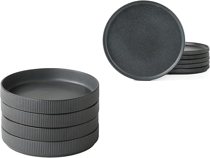 famiware 8.25 Paste Bowl Set (4 Piece) and 10 Dinner Plates for 6 - Matte Dark Charcoal