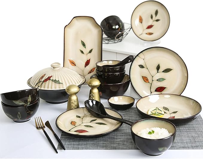 Stoneware Leaves Dinnerware Set 52 PieceCeramic Bowls and Plates SetMicrowave and Dishwasher Safe.