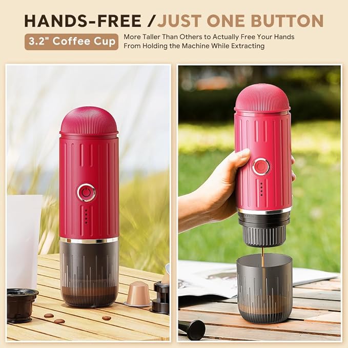 BENFUCHEN Portable Electric Espresso Machine Travel Coffee Maker for Camping On the Go Car Coffee Maker Self-Heating with USB-C With Ground Coffee &amp N Espresso Capsule for RV/Hiking/Office Red
