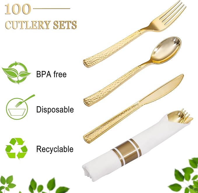 Nervure 400PCS Pre Rolled Gold Plastic Silverware Sets - Heavy Duty Hammered Gold Cutlery Include 100 Pack Wrapped Disposable Utensils with Napkins for Parties Dinners &amp Weddings