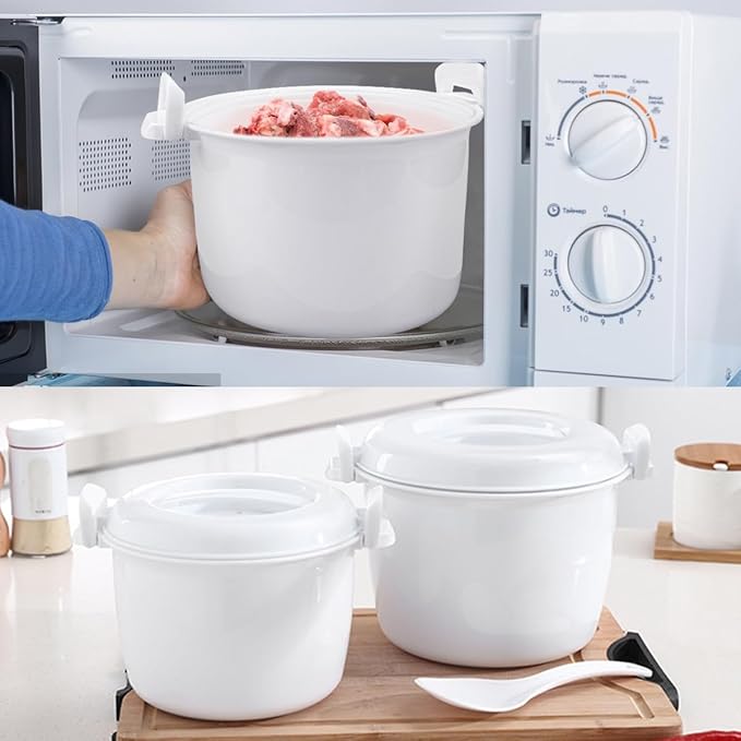 DOERDO Microwave Rice Cooker Round Microwave Food Container Vegetable Steamer Pot Microwave Cookware for Rice Chicken Pasta 7.8x6.1 Inch