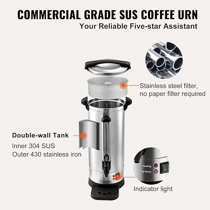 Coffee Urn 110 Cup Stainless Steel Coffee Dispenser Fast Brew Commercial Coffee Maker for Large Groups Keep Warm Function