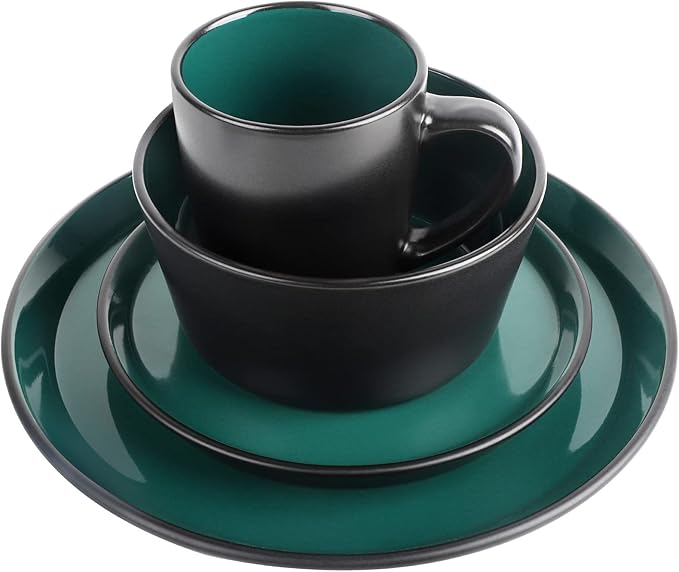 Plates and Bowls Sets 16 Pieces Dinnerware Sets Dishes Set for 4 Christmas Kitchen Set is Home Essentials Dark Green &amp Black