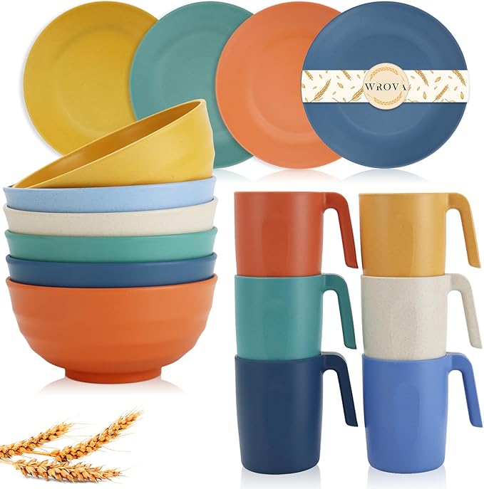 Wrova wheat straw bowls and plates sets with 16oz mugs - unbreakable dinnerware sets of 20 - Vibrant Series