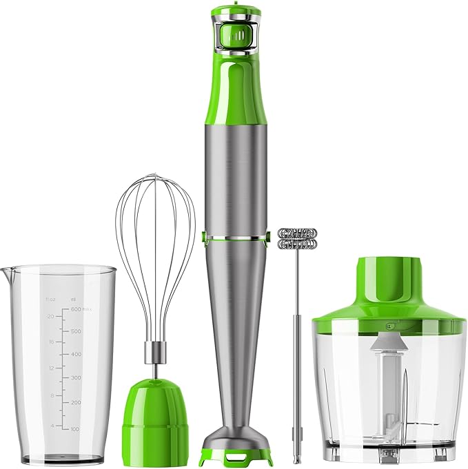 Immersion Blender Handheld Corded Hand Blenders Set 1100W Trigger Variable Speed 5 in 1 Stick Emulsifier with Chopper Whisk and Frother for Soup Baby Food and Smoothies Apple Green