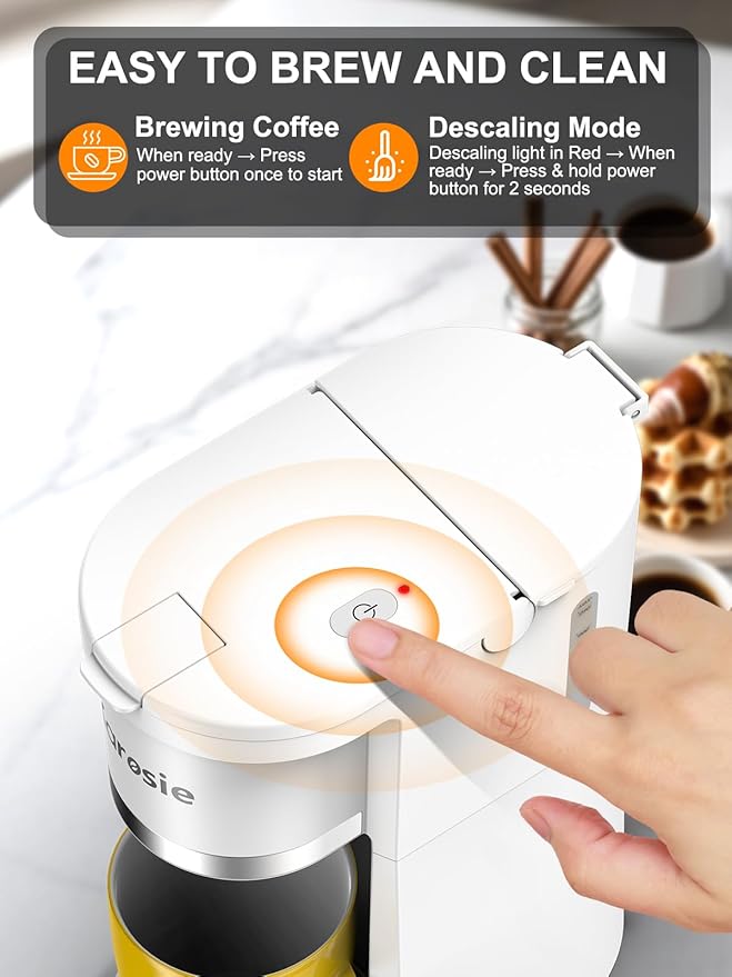 Small Single Serve Coffee Maker Fast Brew for K-Cup &amp Ground Coffee 6-12 Oz Brew Sizes One-Button Single Cup Coffee Maker Coffee Machine with Descaling ReminderWhite9.45 Inches