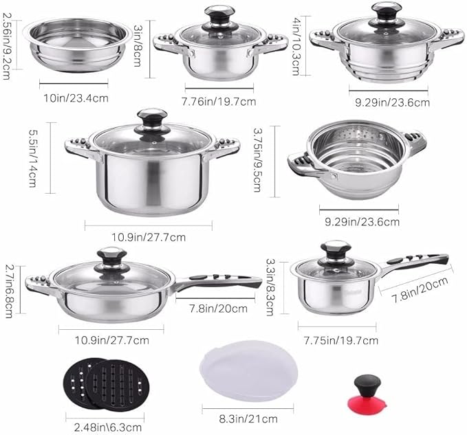 16-Piece Nonstick Cookware Set Stainless Steel Pots &amp Pans with Glass Lids Induction Compatible Frying Pans Saucepans Casseroles Steaming Insert