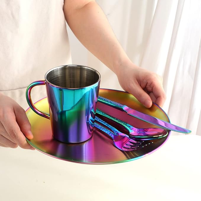 28-Piece Rainbow Dinnerware Set for 4 Stainless Steel Dinner Plate Set Service for 4 Silverware Set with Coffee Cups