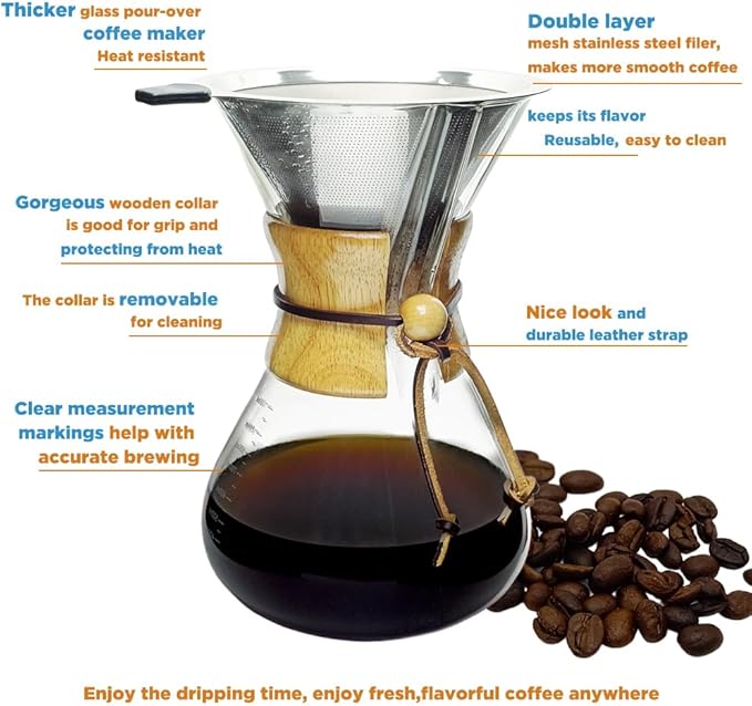 Pour Over Coffee Maker 20 oz Drip Coffee Pot Set Glass Carafe with Filter Subjectthree Manual Brewer for Camping (6 cup/20 oz)