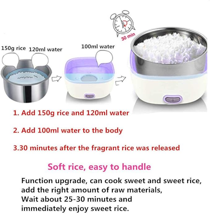 Multifunctional Electric Lunch Box Mini Rice Cooker Portable Food Heater Steamer with Stainless Steel Bowls Egg Steaming Rack Spoon Measuring Cup for Use in Office Outdoor School