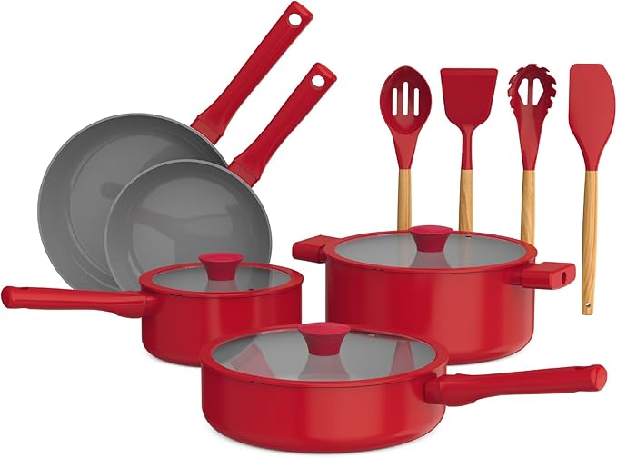 So Yummy by bella 12 Piece Cookware Set w EverGood™ Ceramic Nonstick Coating and Silicone &amp Wood Utensils Dishwasher Safe Silicone &amp Glass Lids Oven Safe &amp All Stovetop Compatible Red