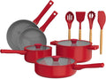 So Yummy by bella 12 Piece Cookware Set w EverGood™ Ceramic Nonstick Coating and Silicone &amp Wood Utensils Dishwasher Safe Silicone &amp Glass Lids Oven Safe &amp All Stovetop Compatible Red