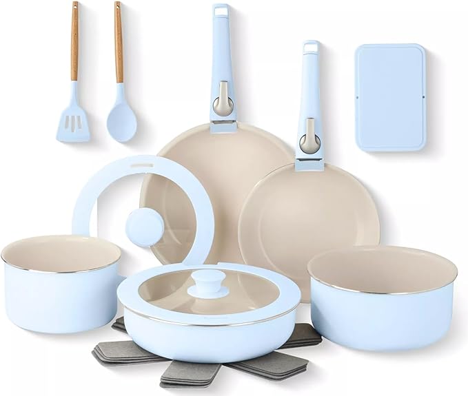 For 18 Piece Removeable Handles Nonstick Ceramic Cookware Set - Color: Light Blue