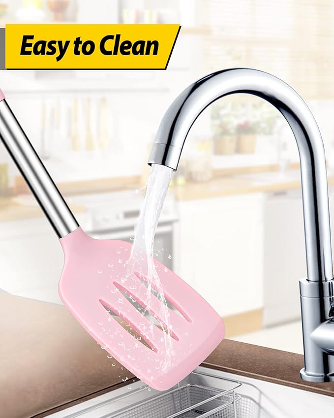 Pack of 4 Silicone Cooking Utensils Set Non Stick Large Solid Spatulas Heat Resistant Pink Slotted Spoons Ideal BPA Free Kitchen Turners for Frying MixingServingDrainingTurningStirring