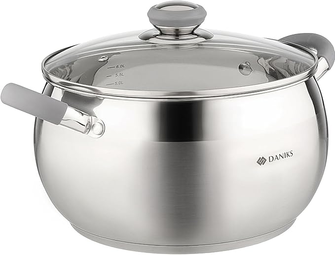 Daniks Modern 7 Quart Stainless Steel Stock Pot with Glass Lid Tri-Ply Bottom for Even Heating Induction Compatible Dishwasher Safe Heatproof Handles