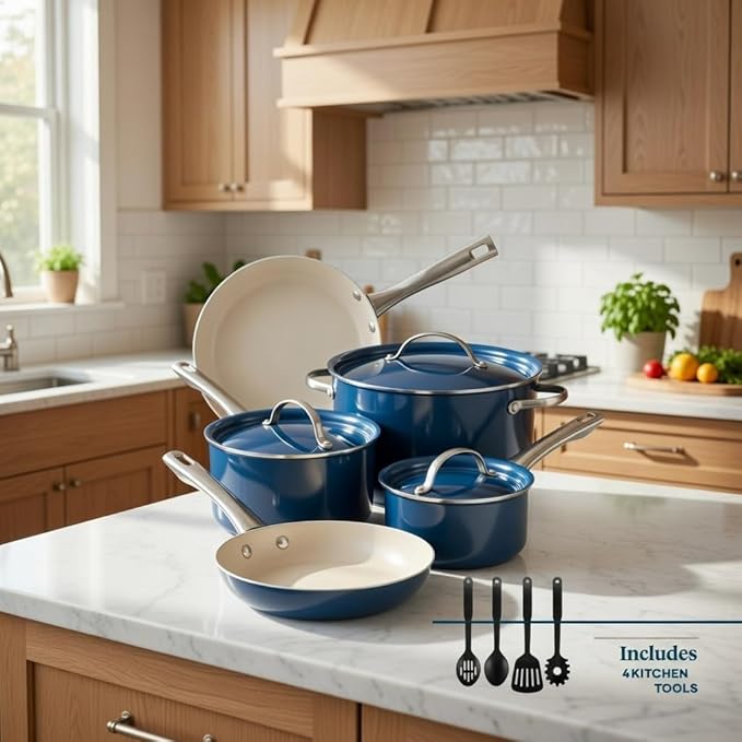 12 Piece Ceramic Nonstick Cookware Set Aluminum Pots and Pans with Stainless Steel Handles Dishwasher Safe Oven Safe up to 500°F Blue