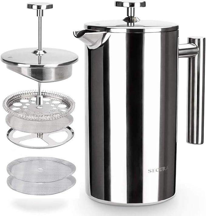 Secura French Press Coffee Maker 304 Grade Stainless Steel Insulated Coffee Press with 2 Extra Screens 34oz (1 Litre) Silver