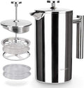 Secura French Press Coffee Maker 304 Grade Stainless Steel Insulated Coffee Press with 2 Extra Screens 34oz (1 Litre) Silver