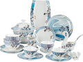 65 pcs Dinnerware Set Serves for 10 People Line Drawing Decoration Bone China Tableware SetPremium Quality Porcelain Dishes/Plate/BowlDishwasher &amp Microwave SafeBlue (62pcs Serves for 10)