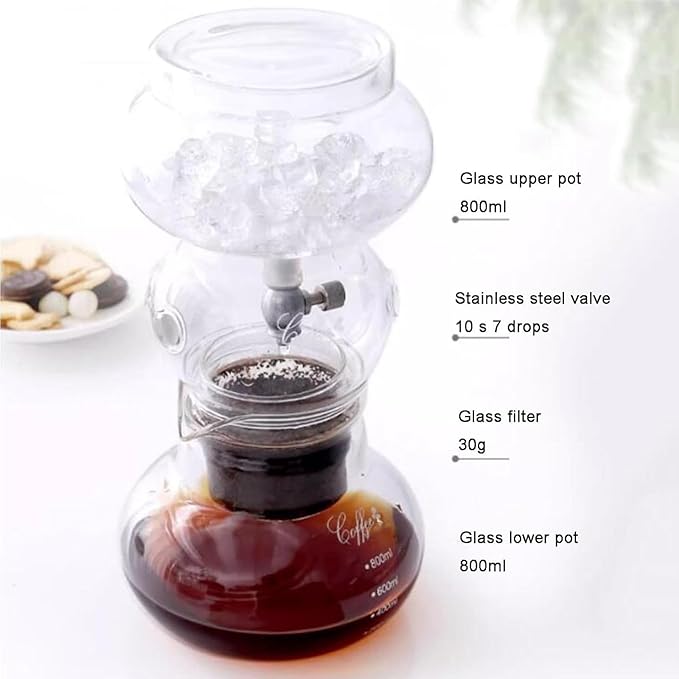 Iced Dripper Coffee Maker Cold Brew Coffee Maker Smooth Slow Cold Drip with Stainless Steel Adjustable Dripper 800ml Glass Pot Makes 4-6 Cups for Home Office