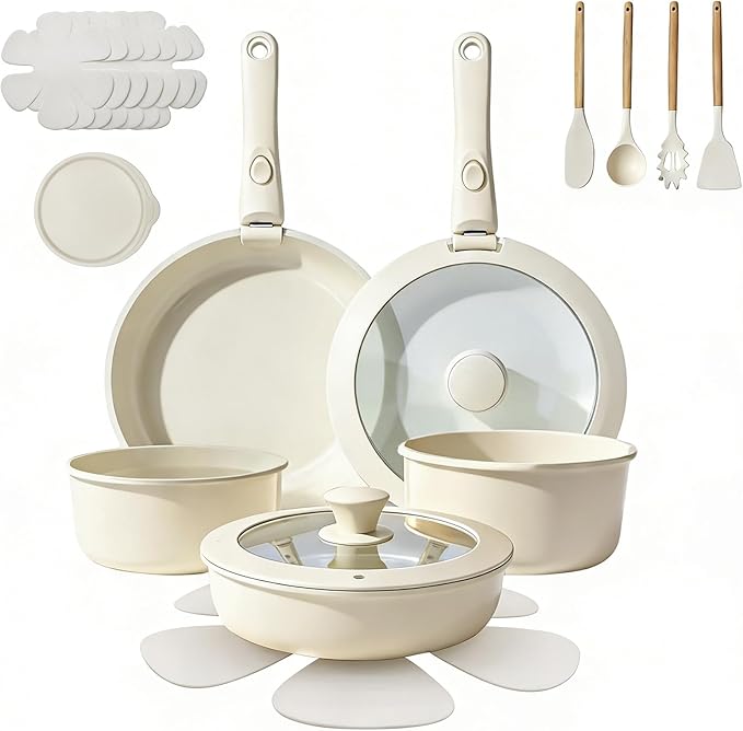 22PCS Non Stick Pots and Pans Set - Healthy Nonstick Cookware Set Detachable Handle Induction Kitchen Cooking Sets Dishwasher/Fridge/Oven Safe Space Saving Beige