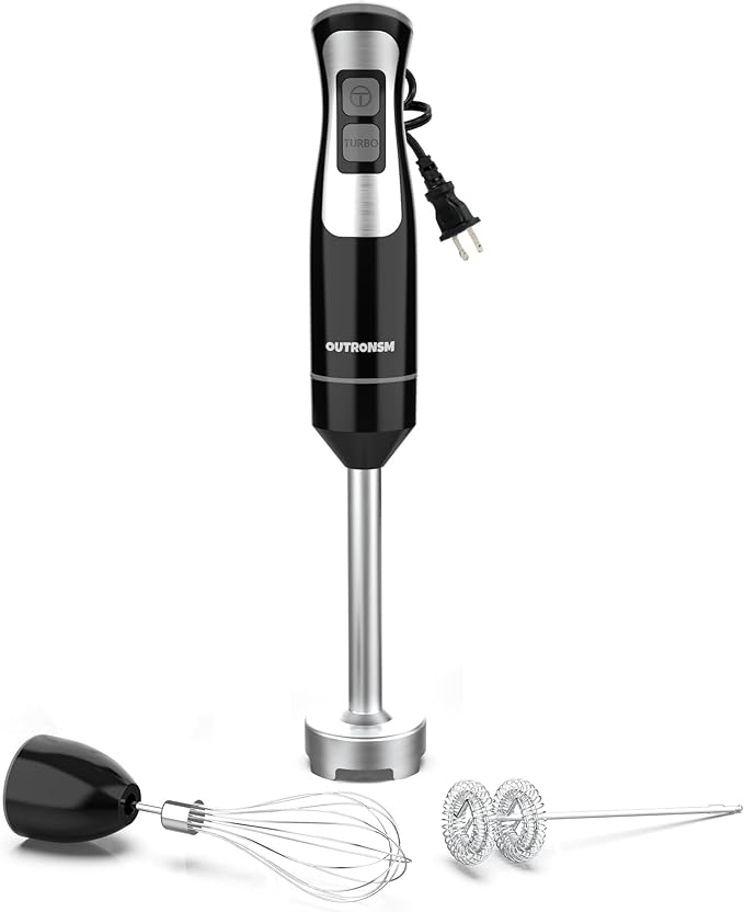 Immersion Blender Handheld OUTRONSM Hand Blender with 4-point thickened SS blades Milk Frother Egg Whisk for Coffee Milk Foam Puree Baby Food Smoothies Sauces and Soups – Black