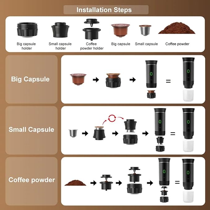 Portable Electric Espresso Coffee MakerSelf-Heating Car Espresso Maker3-in-1 Espresso Makerfor Camping RV Travel Office (silvery)