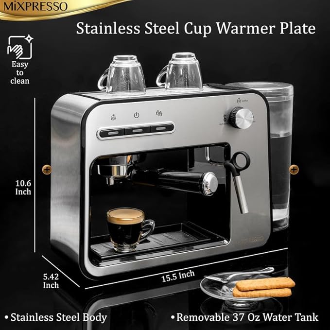 Mixpresso Professional Espresso Machine for Home 15 Bar with Milk Frother Steam Wand Espresso Maker with Double-Cup Splitter 1450w Fast Heating Cappuccino &amp Latte machine 37Oz Water Tank