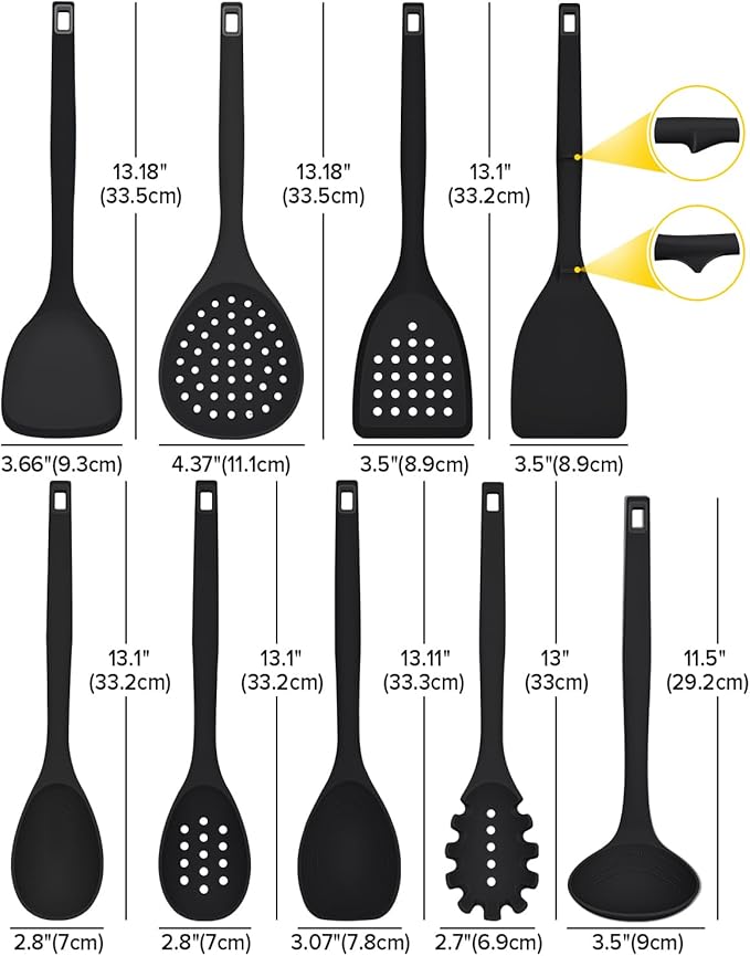 Silicone Cooking Utensils Set 9 Pcs Heat Resistant Kitchen Utensils with Back Hooks BPA Free Kitchen Tools with Spatulas Spoons Skimmer and Pasta Fork for Non Stick Cookware (BLACK)