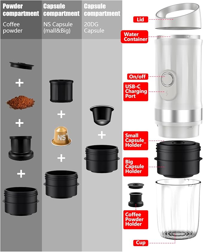 Portable Espresso Machine 3Minute Auto Heat12V Rechargeable Electri Coffee Maker 20 BaCompatible with NS DG Capsules and GroundCoffee for Camping Travelling RVing HikingandOffice (White)