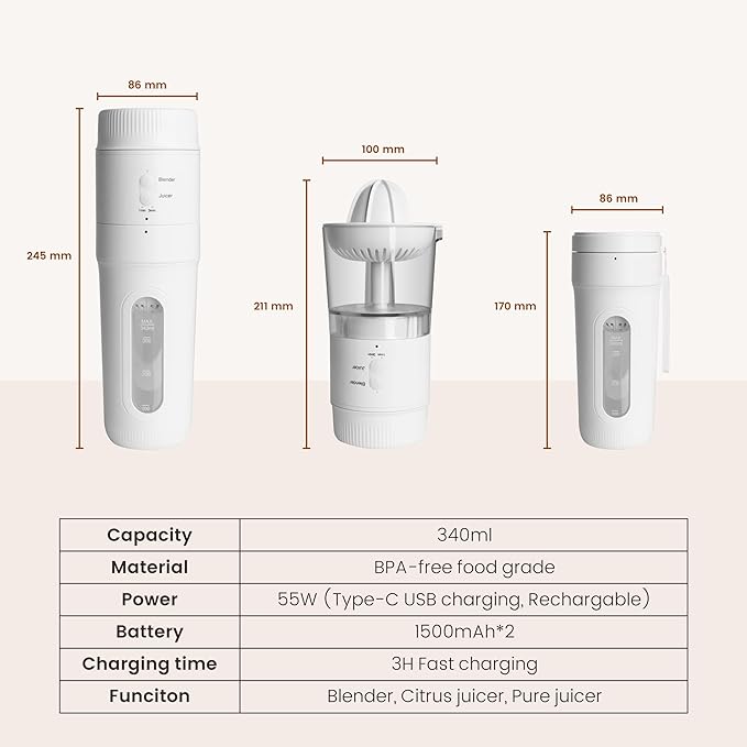 CLIVIA Portable Blender3 in 1 Fresh Juice BlenderPersonal Blender for Shakes and Smoothies12oz Juicer Cup with 4 Blades