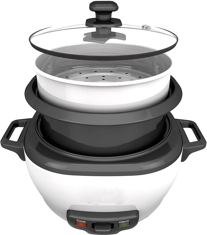 3-Cup Electric Rice Cooker Keep Warm Function White Insulation Detachable Pot Non Stick Dishwasher Safety Component Indicator Light Easy to Clean Tempered Glass Cover Plastic Rice