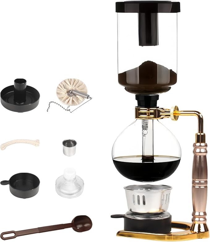 Japanese Siphon Coffee Maker Glass Vacuum Siphon Coffee Pot 5-Cup (600ml) with Alcohol Burner Adjustable Buffer Clamp Stainless Steel Bracket Base for Coffee Aficionados