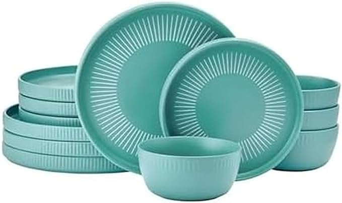 Darbie Angell Mod Teal 12 Piece Durable Stoneware Dinnerware Set Service for 4 Plate and Bowl Set with High Rims Modern Tableware