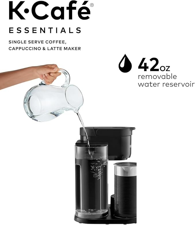 Keeurig K-Café Single Serve Coffee Maker Built-In Milk Frother Latte &amp Cappuccino Brewer Espresso Shot 3 Brew Sizes 42 oz Water Reservoir Travel Mug Friendly Compact Design (Black 42oz)