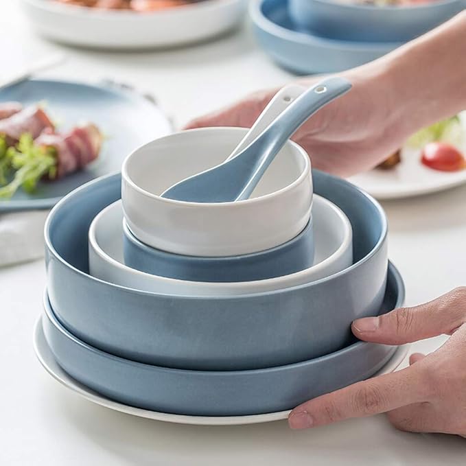 Dishes/Plate/Bowl Set16 Pieces Dinnerware Set White and Blue Dinner Dishes Set Nordic Style Oven and Dishwasher Safe Service(