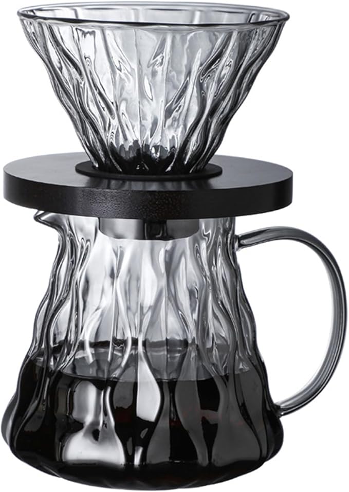 Pour Over Coffee Maker Set 500ML Glass Carafe Coffee Server with Dripper Set V60 Glass Coffee Filter with Wood Base for Home Office Gift 1-4 Cups